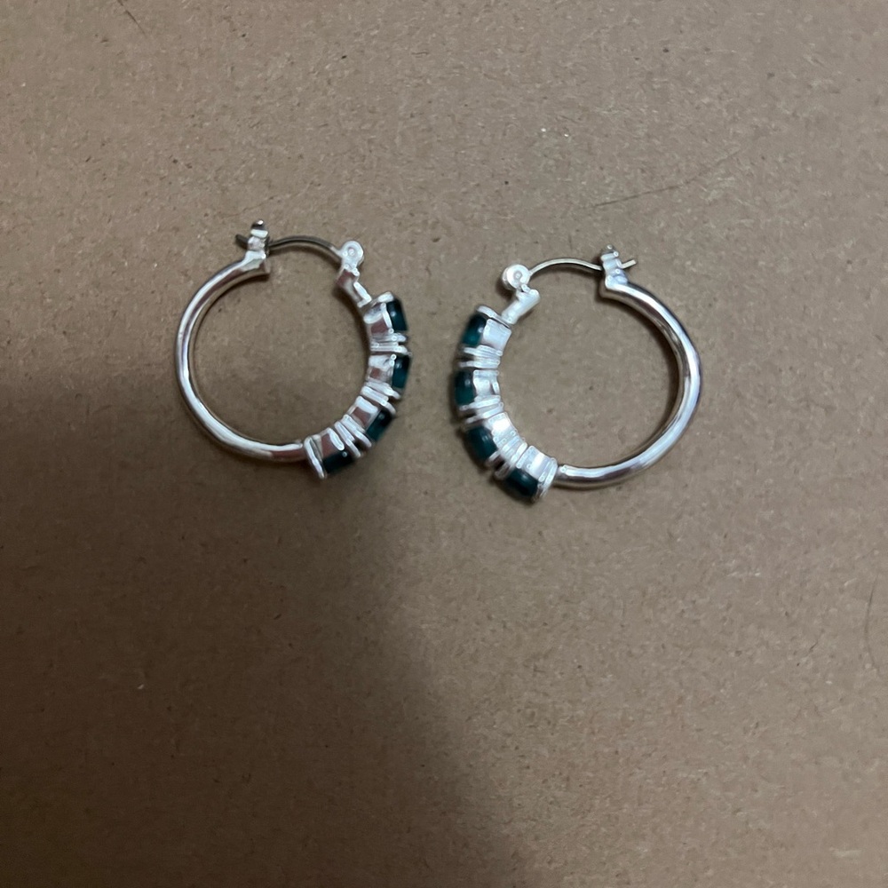 Light Blue Faux Gemstone Silvertone Hoops - Picture 2 of 3